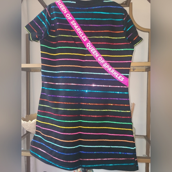 QUEEN OF SPARKLES Black Mini Dress with Rainbow Stripes - Picture 3 of 4